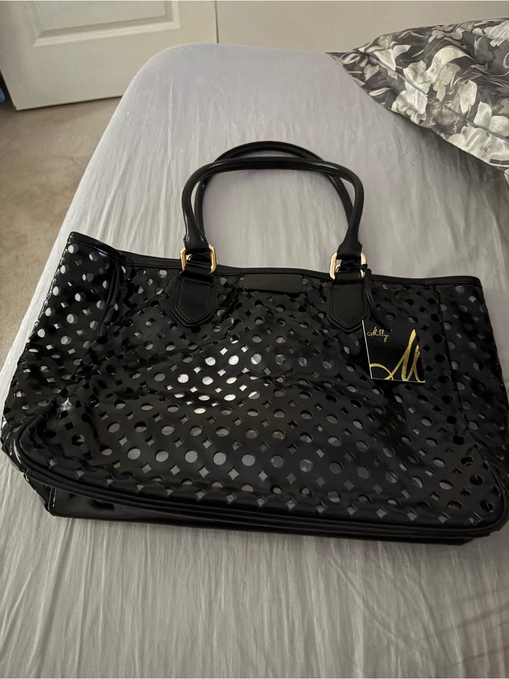Milly Black Perforated Patent Tote with Gold Hardware